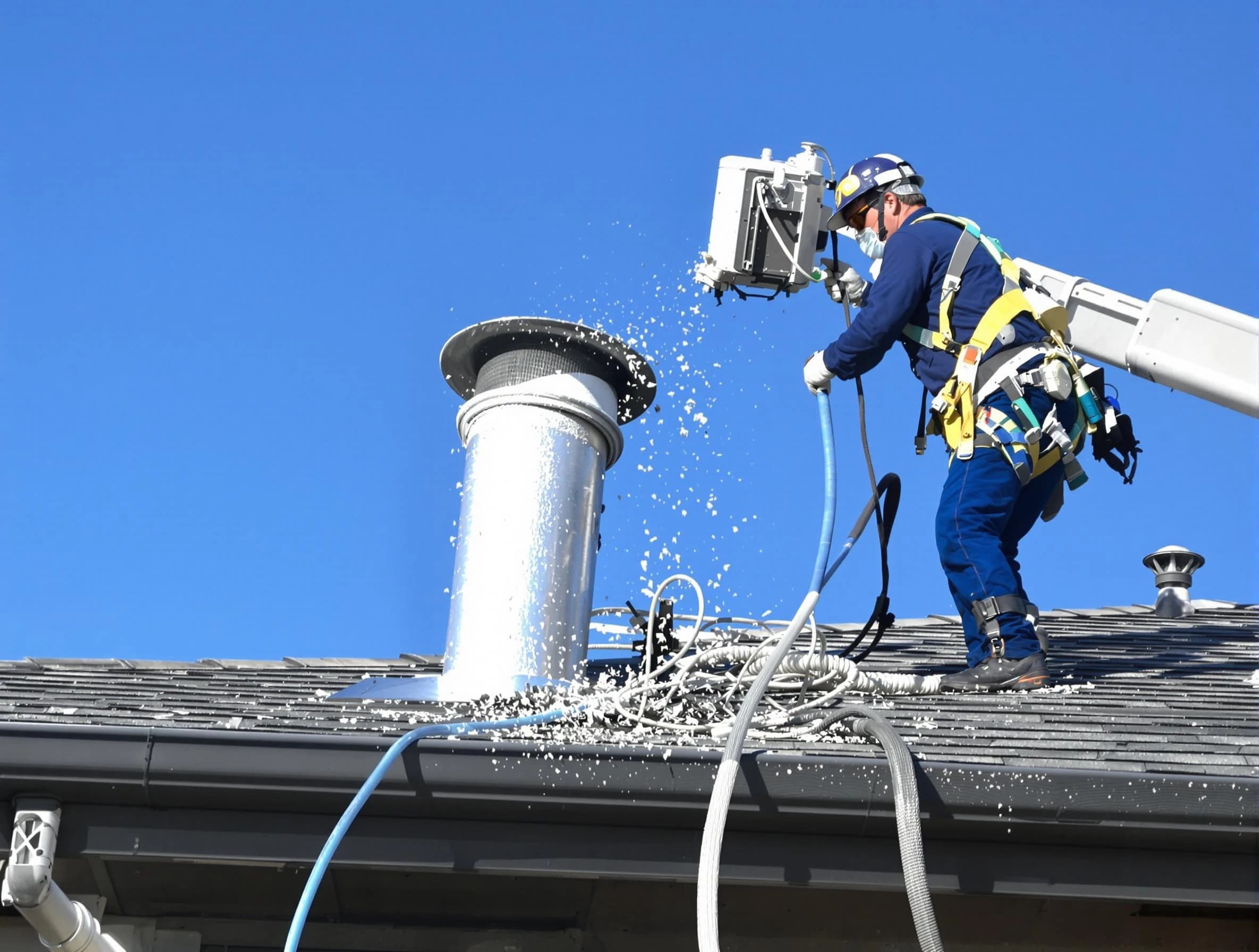 Saratoga Springs Dryer Vent Cleaning certified technician safely cleaning a roof-mounted dryer vent in Saratoga Springs