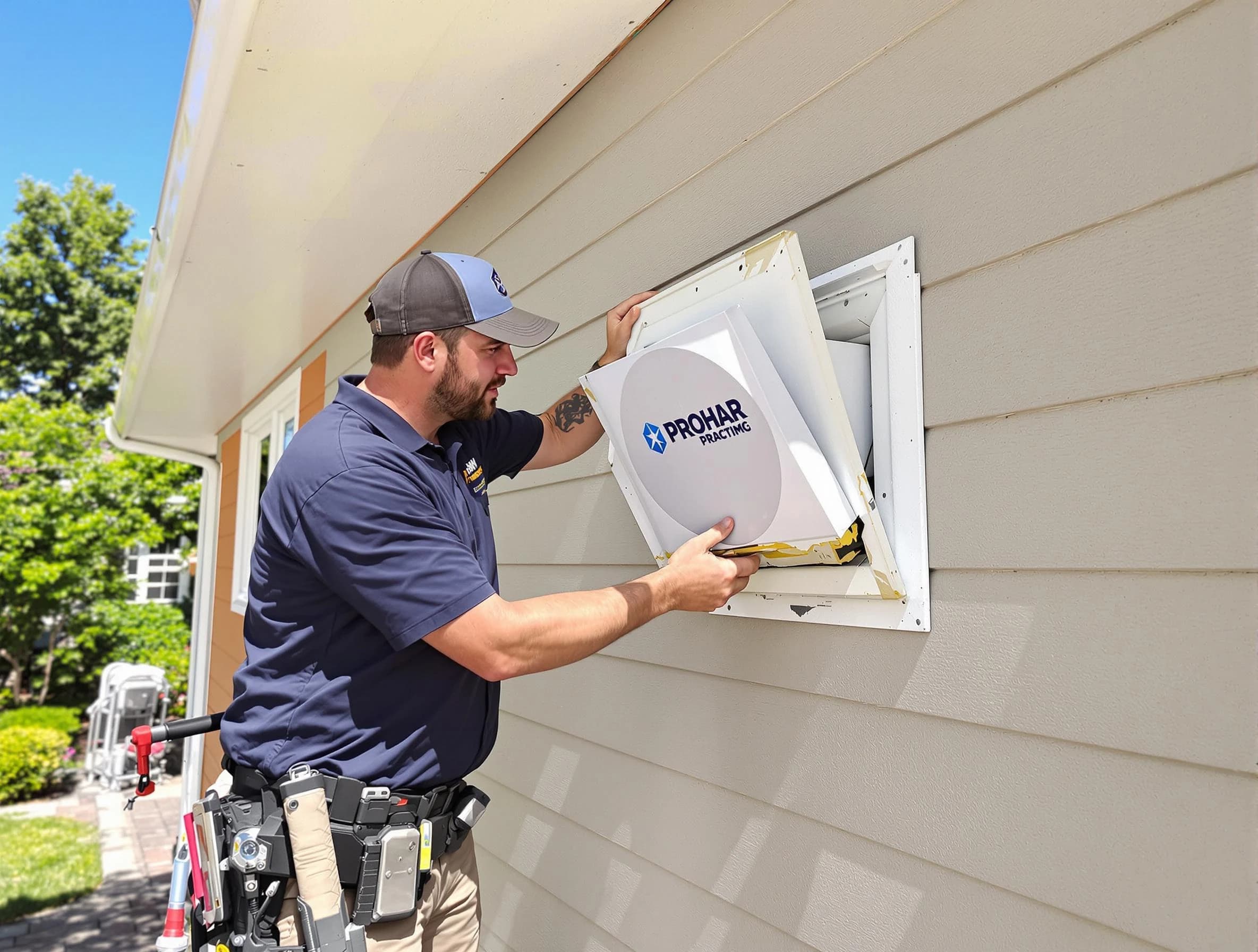 Saratoga Springs Dryer Vent Cleaning technician installing a new protective dryer vent cover on a home in Saratoga Springs