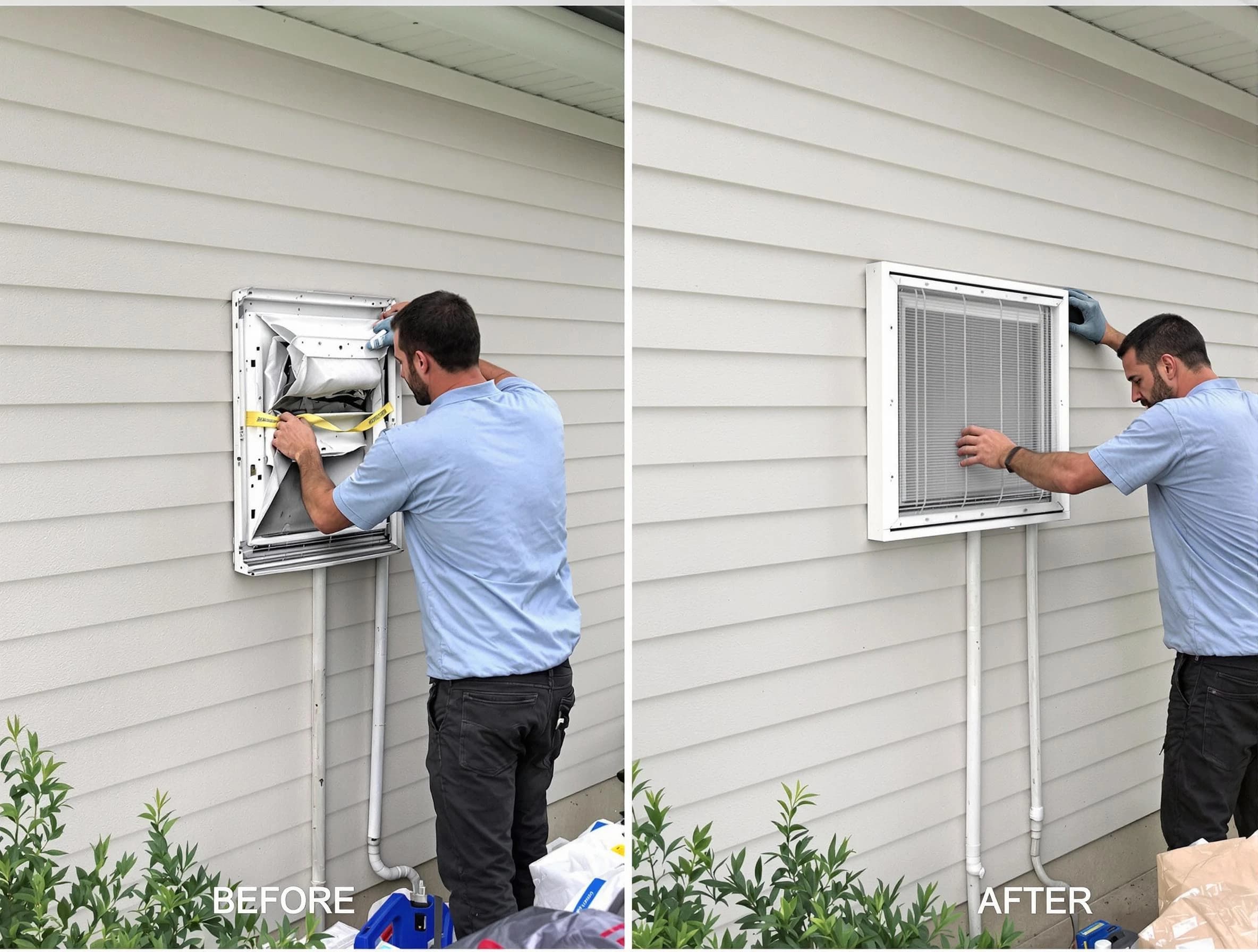 Saratoga Springs Dryer Vent Cleaning technician installing high-quality dryer vent cover at a residential property in Saratoga Springs