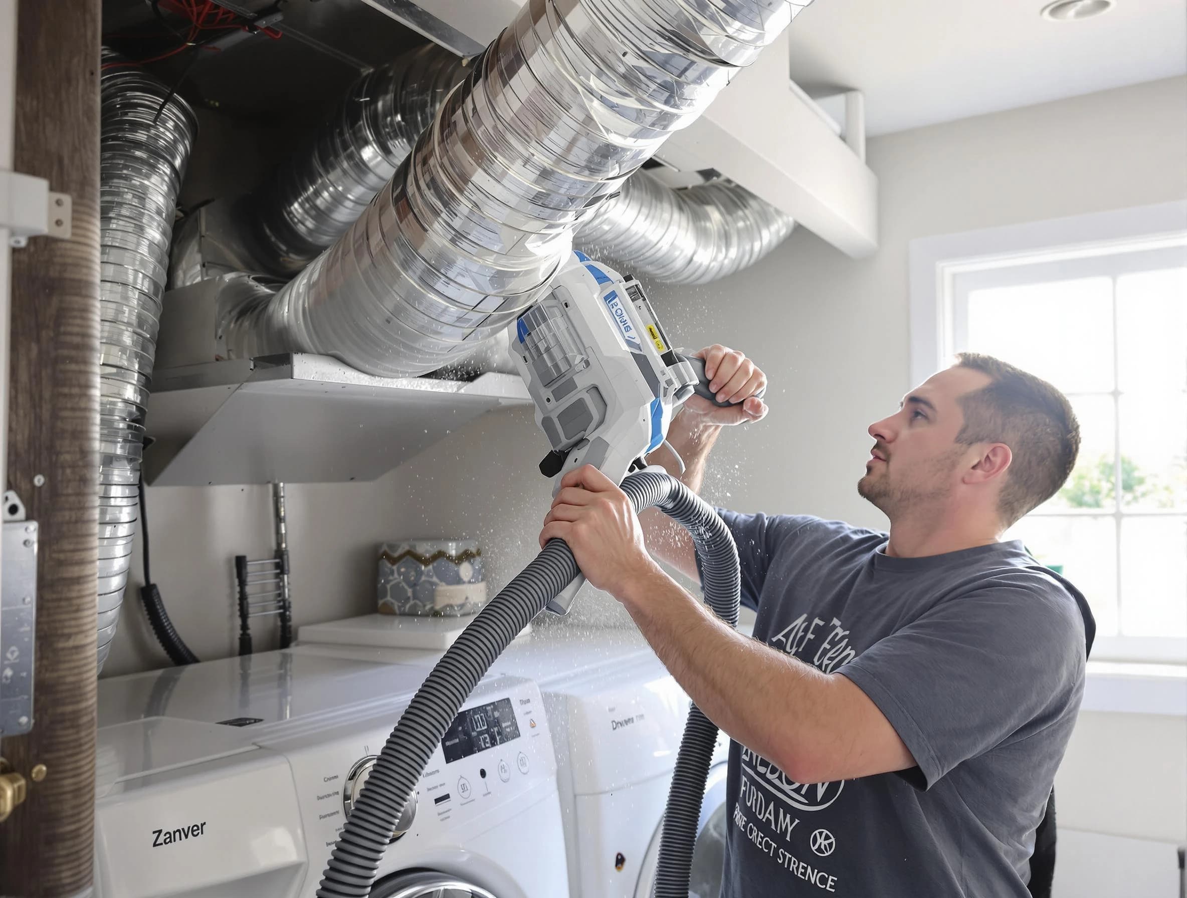 Saratoga Springs Dryer Vent Cleaning specialist cleaning deep within a dryer vent duct system in Saratoga Springs